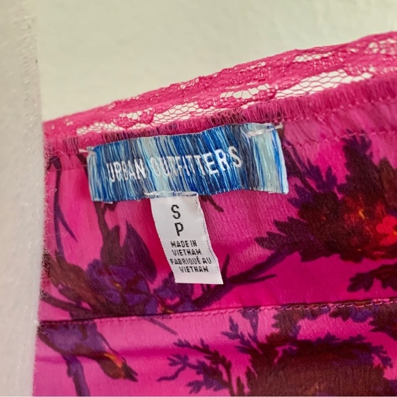 UO Purple Magenta Floral Tropical Print Satin Midi Side Slit Slip Dress - Picture 15 of 16